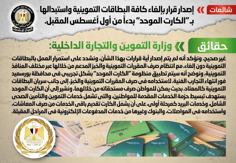 الحكومة تنفي إلغاء «بطاقات التموين» واستبدالها بـ«الكارت الموحد»