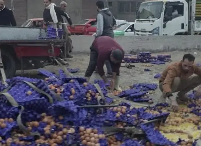 الطريق مفروش «بيض».. انقلاب سيارة نقل على زراعي البحيرة