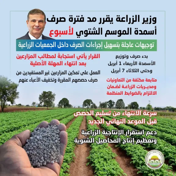 وزير الزراعة يقرر مد فترة صرف أسمدة الموسم الشتوي لمدة أسبوع